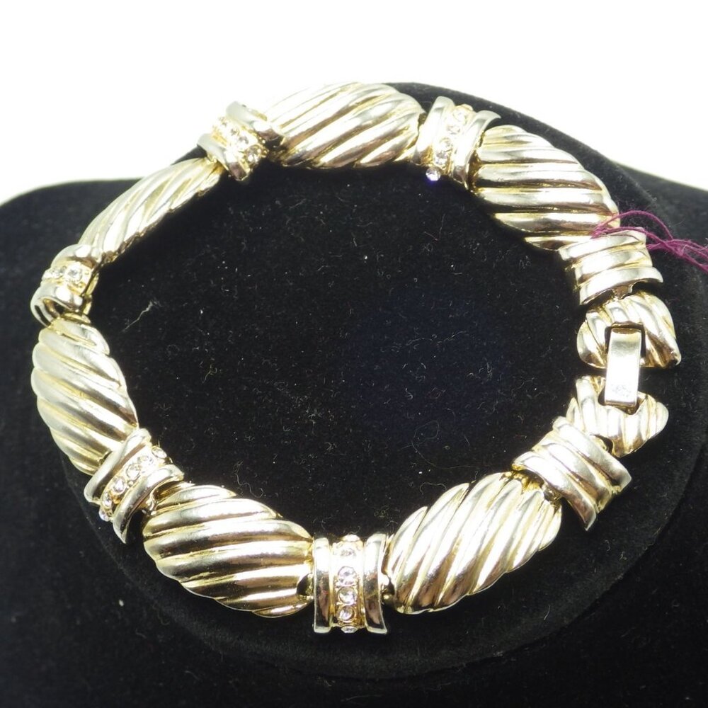 Antique Gold Tone Link Bracelet Rhinestone Accents